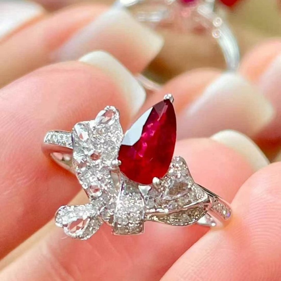 14k Gold 1 Ct Vivid Red Natural Ruby & Diamond & Sapphire Ring