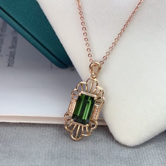 14k Gold 2.40 Ct Natural Tourmaline & Diamond Pendant( Without Chain )