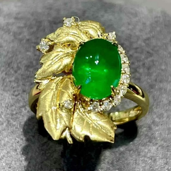 14k Gold 2.1 Ct Vivid Green Natural Emerald & Diamond Ring