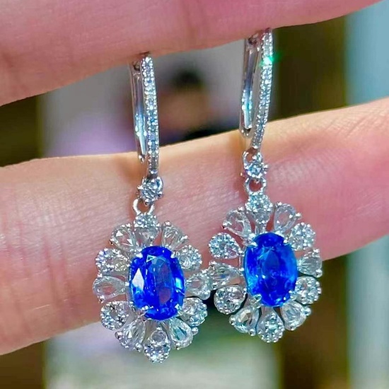 14k Gold 2 Ct Natural Sapphire & Diamond & Sapphire Earrings