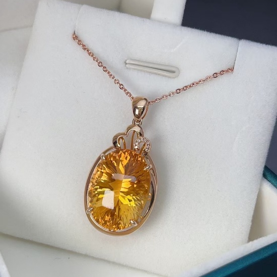 14k Gold 17.50 Ct Natural Citrine & Diamond Pendant( Without Chain )
