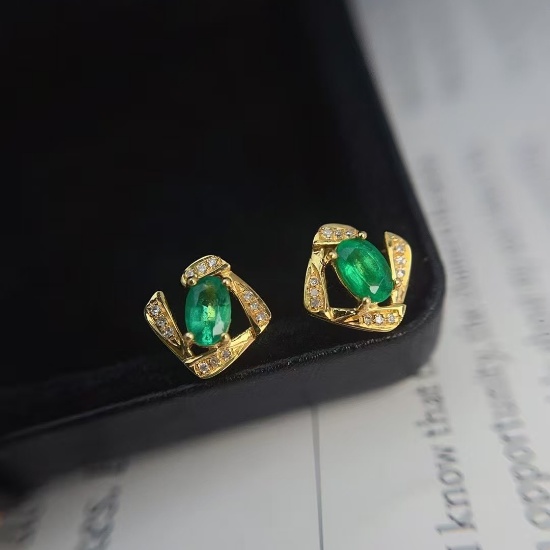 14k Gold 0.80 Ct Natural Emerald & Diamond Earrings