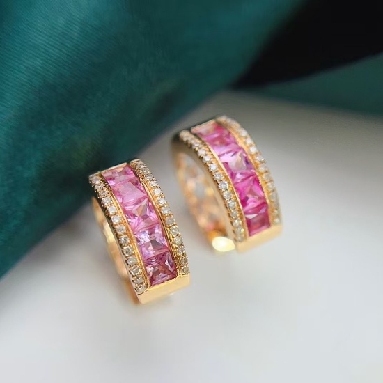 14k Gold 1.88 Ct Natural Padparadscha Sapphire & Diamond Earrings