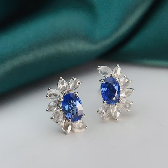 14k Gold 1.40 Ct Natural Sapphire & Diamond Earrings