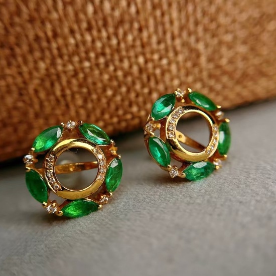 14k Gold 1.50 Ct Vivid Green Natural Emerald & Diamond Earrings