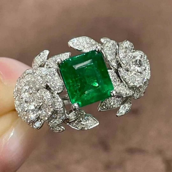 14k Gold 1.36 Ct Vivid Green Natural Emerald & Diamond Ring