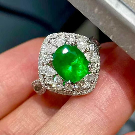 14k Gold 1.6 Ct Vivid Green Natural Emerald & Diamond Ring