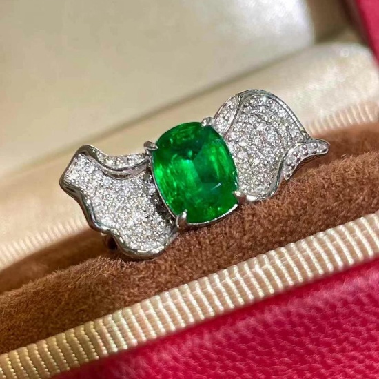 14k Gold 2 Ct Vivid Green Natural Emerald & Diamond Ring