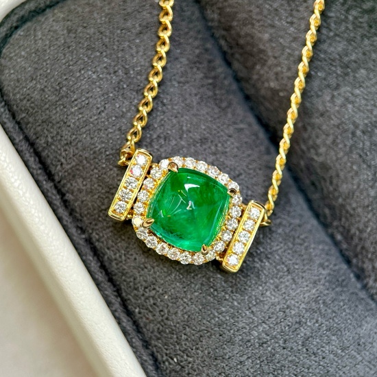 14k Gold 4.34 Ctw Vivid Green Natural Emerald & Diamond Necklace