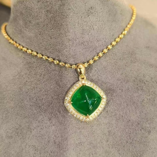 14k Gold 5.80 Ctw Vivid Green Natural Emerald & Diamond Pendant( Without Chain )