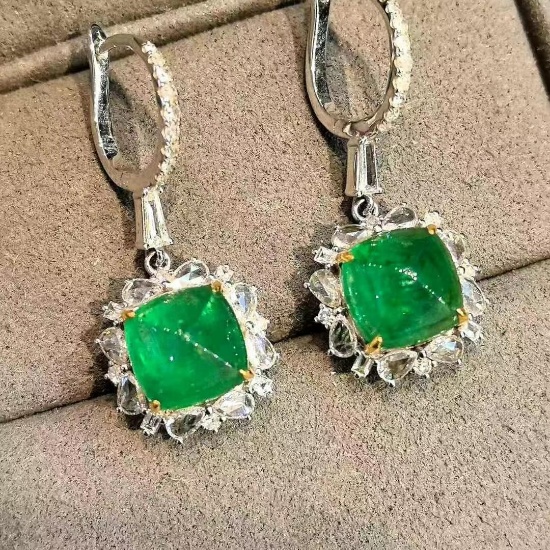 14k Gold 6.64 Ctw Vivid Green Natural Emerald & Diamond Earrings