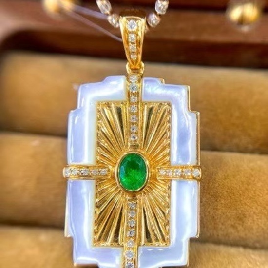 14k Gold 0.46 Ctw Vivid Green Natural Emerald & Diamond Pendant( Without Chain )
