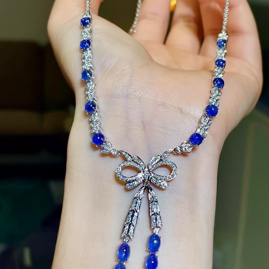 14k Gold 10.48 Ctw Natural Sapphire & Diamond Necklace