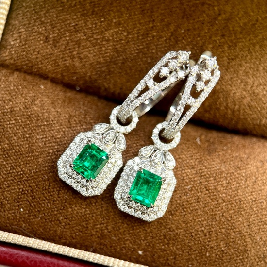 14k Gold 1.69 Ctw Vivid Green Natural Emerald & Diamond Earrings