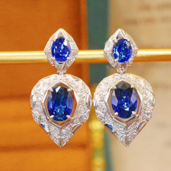 14k Gold 3.51 Ctw Natural Sapphire & Diamond Earrings
