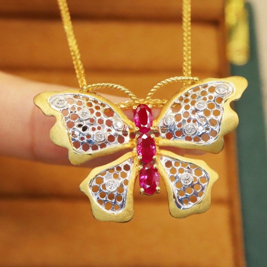 14k Gold 0.85 Ctw Natural Ruby & Diamond & Butterfly Brooch/pendant( Without Chain )