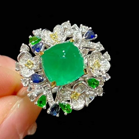 14k Gold 2 Ct Natural Emerald & Diamond Ring