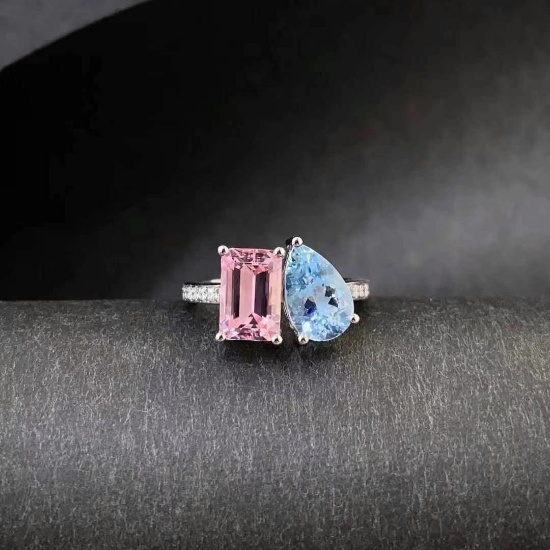 14k Gold 3.57 Ctw Natural Morganite & Aquamarine & Toi Et Moi Ring