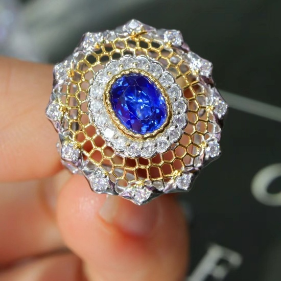 14k Gold 1.64 Ctw Natural Sapphire & Lab Grown Diamond Ring