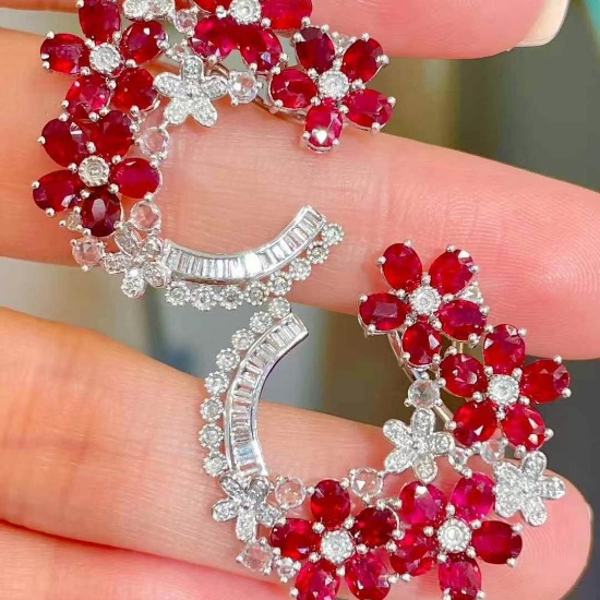 14k Gold 7 Ct Natural Ruby & Diamond & Sapphire Earrings