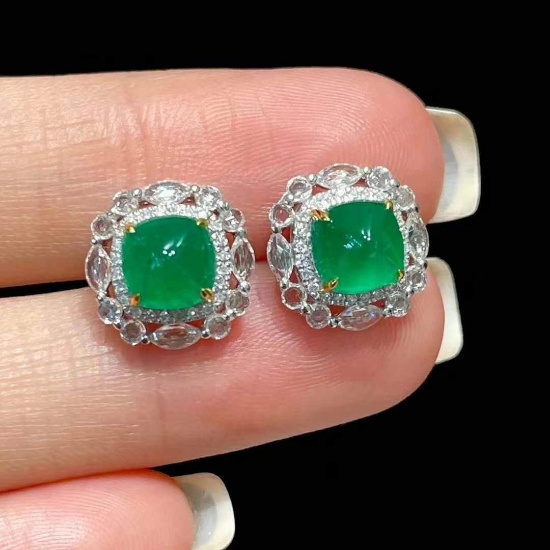 14k Gold 2.4 Ct Natural Emerald & Diamond & Sapphire Earrings