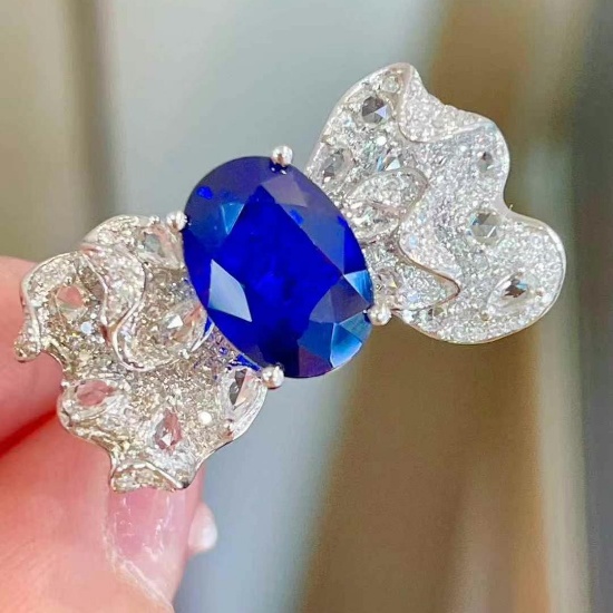 14k Gold 3.4 Ct Natural Sapphire & Diamond & Sapphire Ring