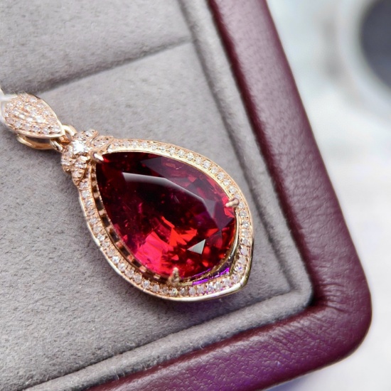 14k Gold 6.7 Ct Natural Tourmaline & Diamond Pendant( Without Chain )