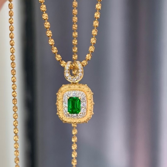 14k Gold 0.43 Ctw Vivid Green Natural Emerald & Diamond Pendant( Without Chain )