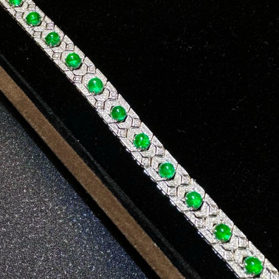 14k Gold 7.46 Ctw Vivid Green Natural Emerald & Diamond Bracelet