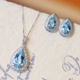 14k Gold 5.65 Ctw Natural Aquamarine & Diamond Jewelry Set