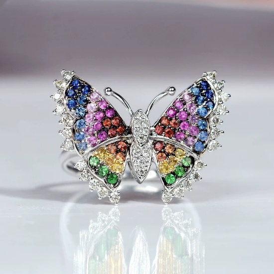 14k Gold 0.66 Ct Natural Sapphire & Diamond & Butterfly Ring
