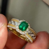 14k Gold 1.28 Ctw Vivid Green Natural Emerald & Diamond Ring
