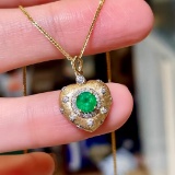 14k Gold 0.68 Ctw Vivid Green Natural Emerald & Diamond Pendant( Without Chain )