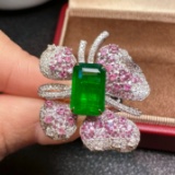 14k Gold 1.95 Ct Vivid Green Natural Emerald & Diamond & Sapphire Ring/pendant( Without Chain )