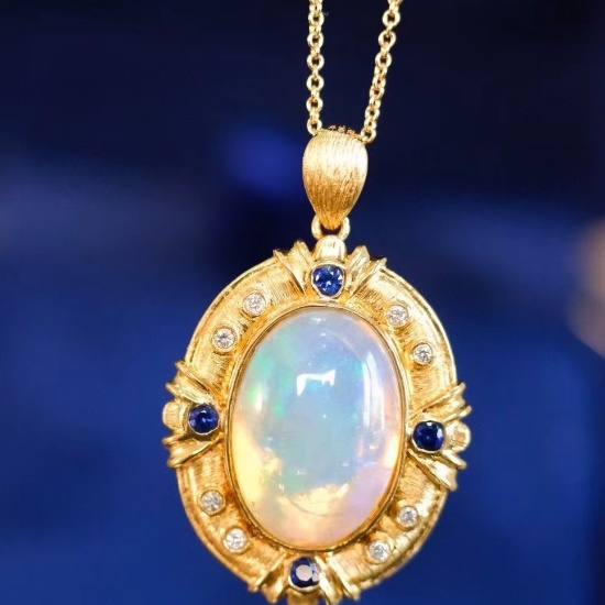 14k Gold 4.37 Ct Natural Opal & Diamond & Sapphire Pendant( Without Chain )