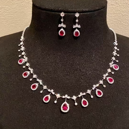14k Gold 5.74 Ctw Natural Ruby & Diamond Jewelry Set