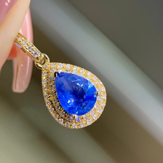 14k Gold 1.2 Ct Natural Sapphire & Diamond Pendant( Without Chain )