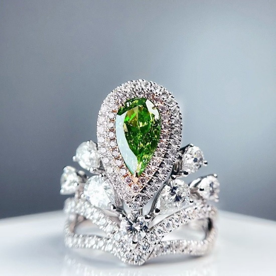 Gia Certified 14k Gold 2.53 Ctw Natural Green Diamond & Diamond Ring
