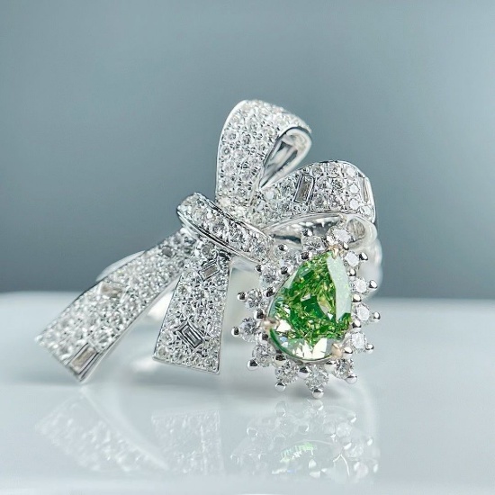 Gia Certified 14k Gold 1.27 Ctw Natural Green Diamond & Diamond Ring