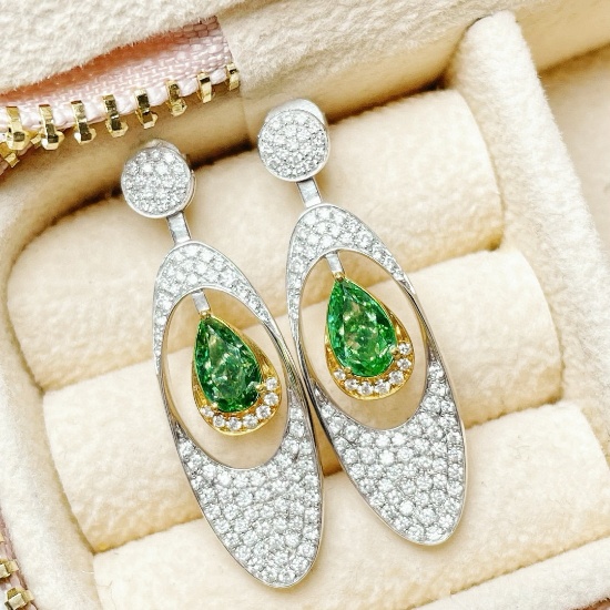 14k Gold 2.01 Ctw Natural Green Diamond & Diamond Earrings