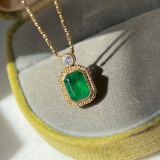 14k Gold 1.09 Ctw Vivid Green Natural Emerald & Diamond Necklace