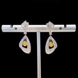 14k Gold 0.90 Ctw Natural Yellow Diamond & Diamond Earrings