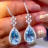 14k Gold 10.4 Ctw Natural Aquamarine & Diamond Earrings