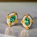 14k Gold 0.58 Ctw Natural Emerald & Diamond Earrings