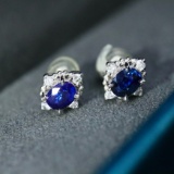 14k Gold 1.11 Ctw Natural Sapphire & Diamond Earrings