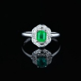 14k Gold 0.6 Ct Vivid Green Natural Emerald & Diamond Ring