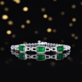 14k Gold 3.01 Ctw Vivid Green Natural Emerald & Diamond Bracelet