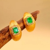 14k Gold 0.54 Ctw Vivid Green Natural Emerald & Diamond Earrings