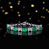 14k Gold 9.83 Ctw Vivid Green Natural Emerald & Sapphire Bracelet