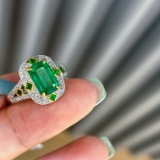 14k Gold 3.83 Ctw Vivid Green Natural Emerald & Sapphire Ring